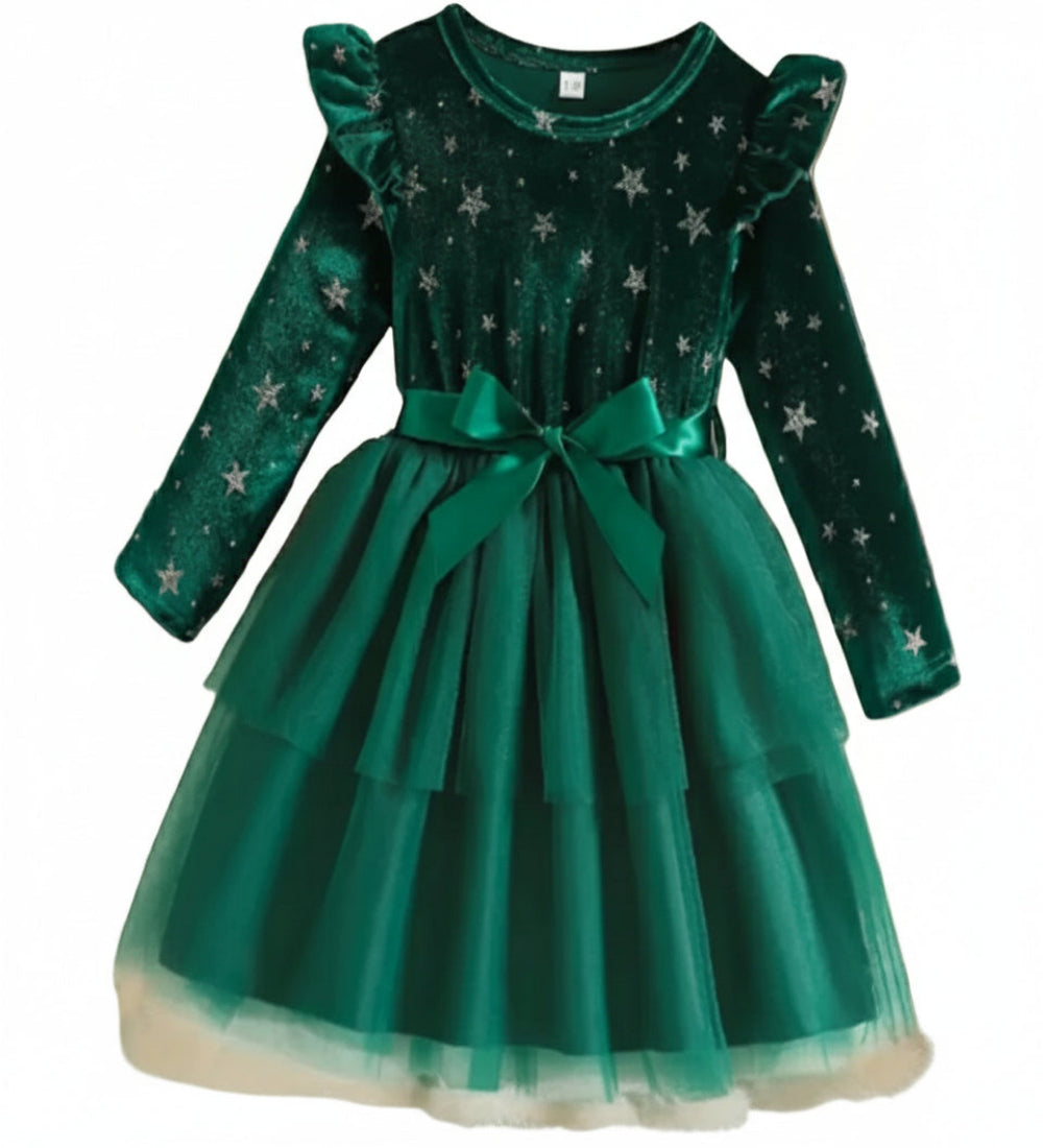 Kerst jurkje groen met zilveren sterren op bovenlijfje en groene tule rok 