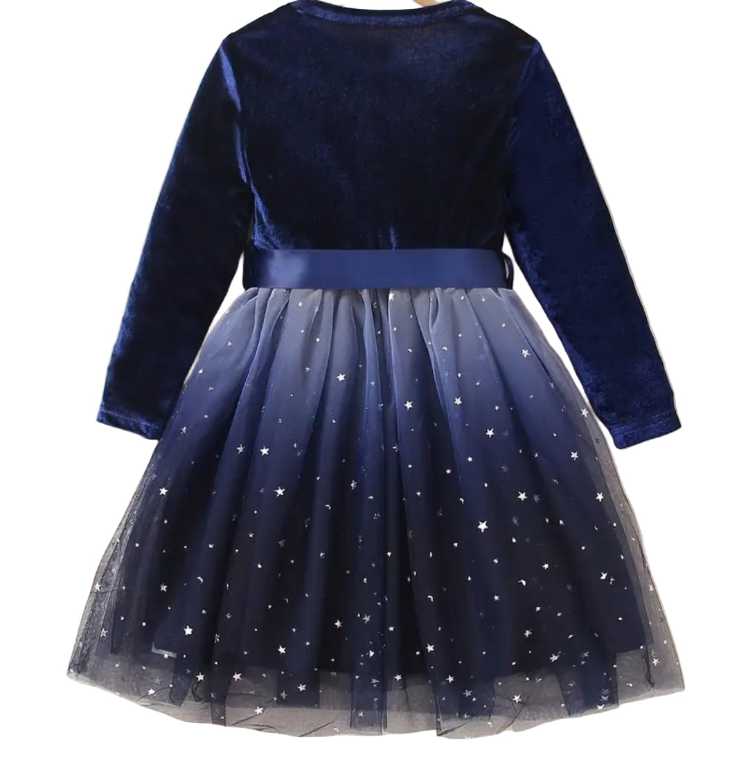 jurk voor Kerst velours met tule rok. Velours bovenzijde en tule rok met spikkels. De rok heeft een kleurverloop van licht naar donker.