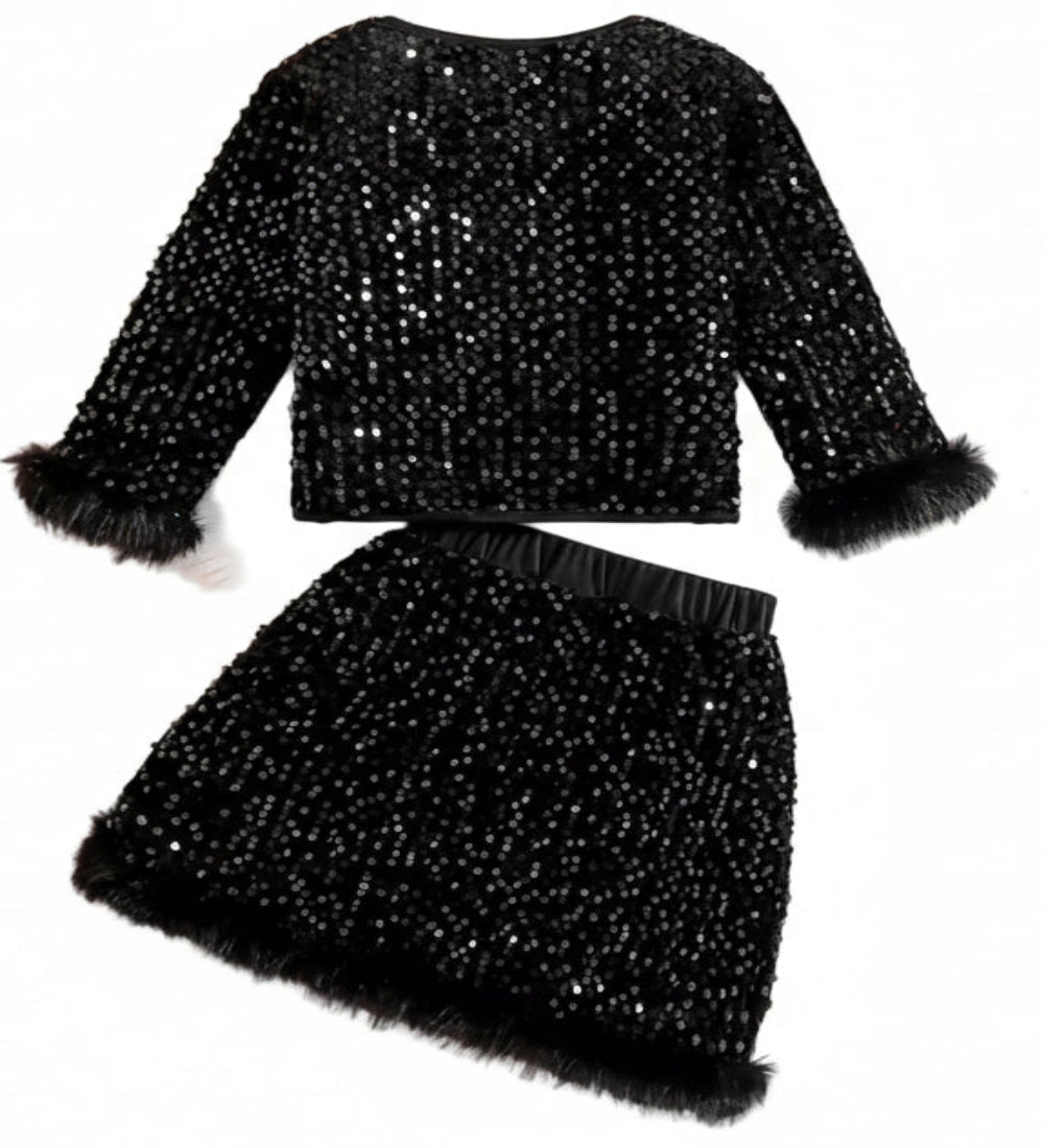 feestelijk setje: truitje met rokje van pailletten en bontrandjes