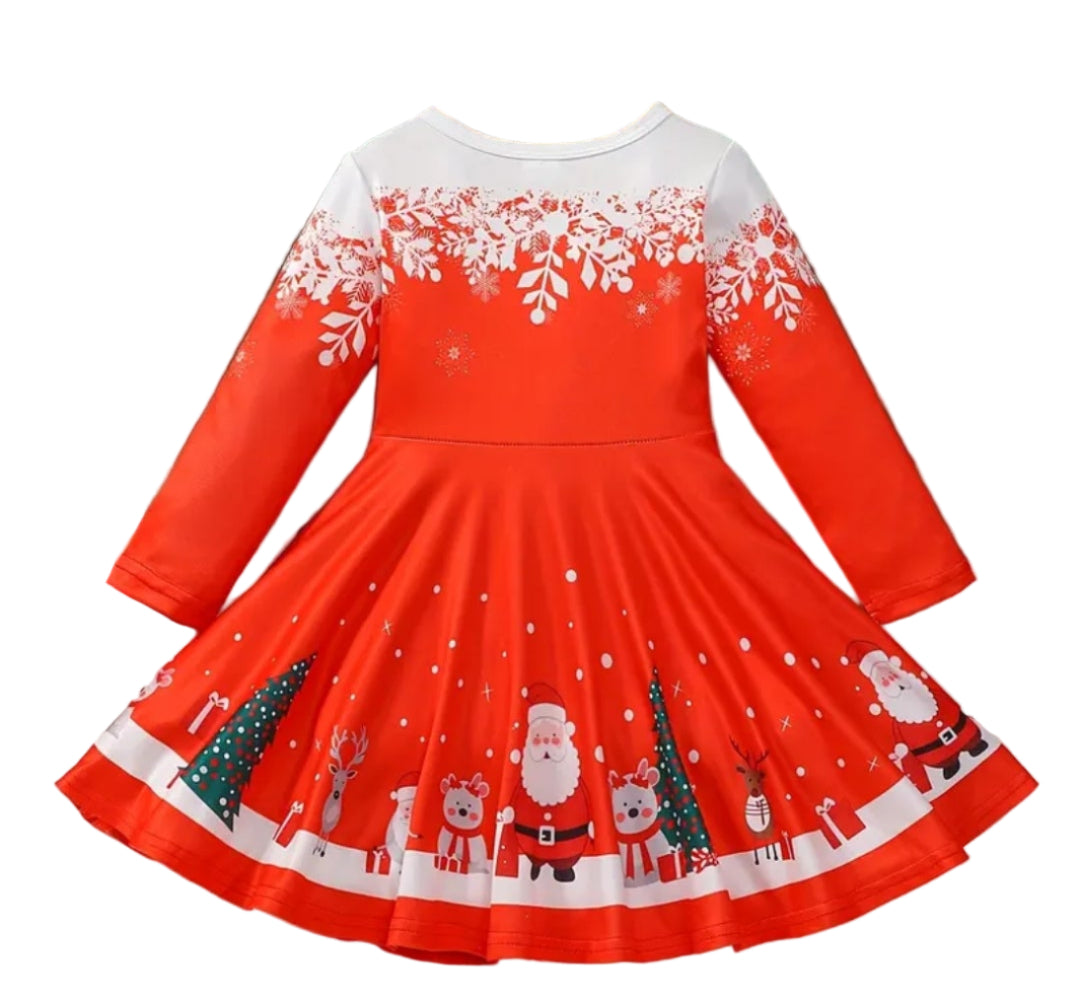 Kerstjurkje strak bovenlijf met klokkend rokje met kerstbomen en sneeuw