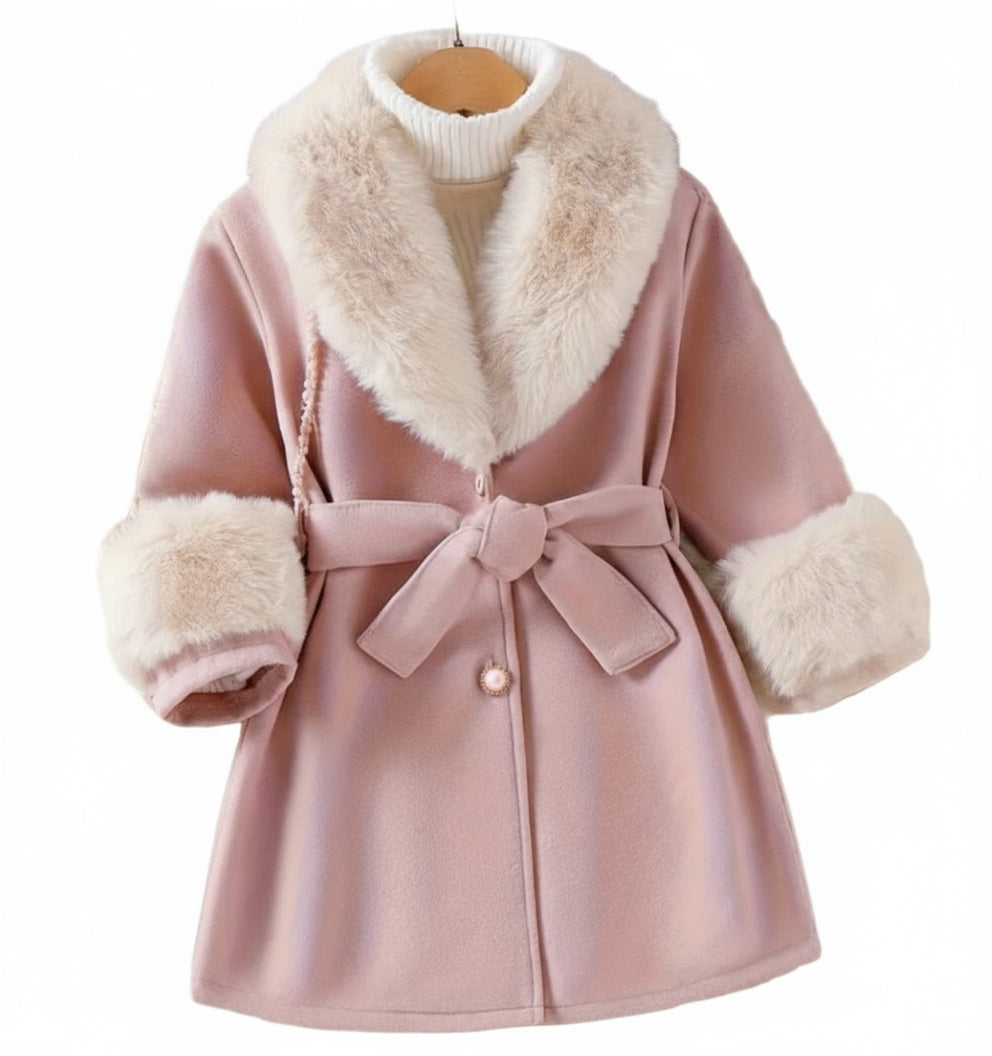 Jas roze met creme bontkraag