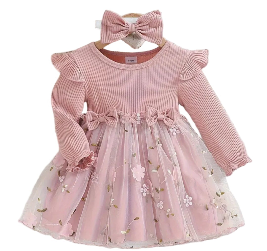 jurkje roze met tule rok met bloemen en haarband