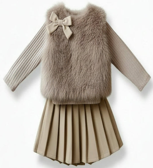 setje in beige :bestaand uit truitje met gilet met leren strik en een leren rokje