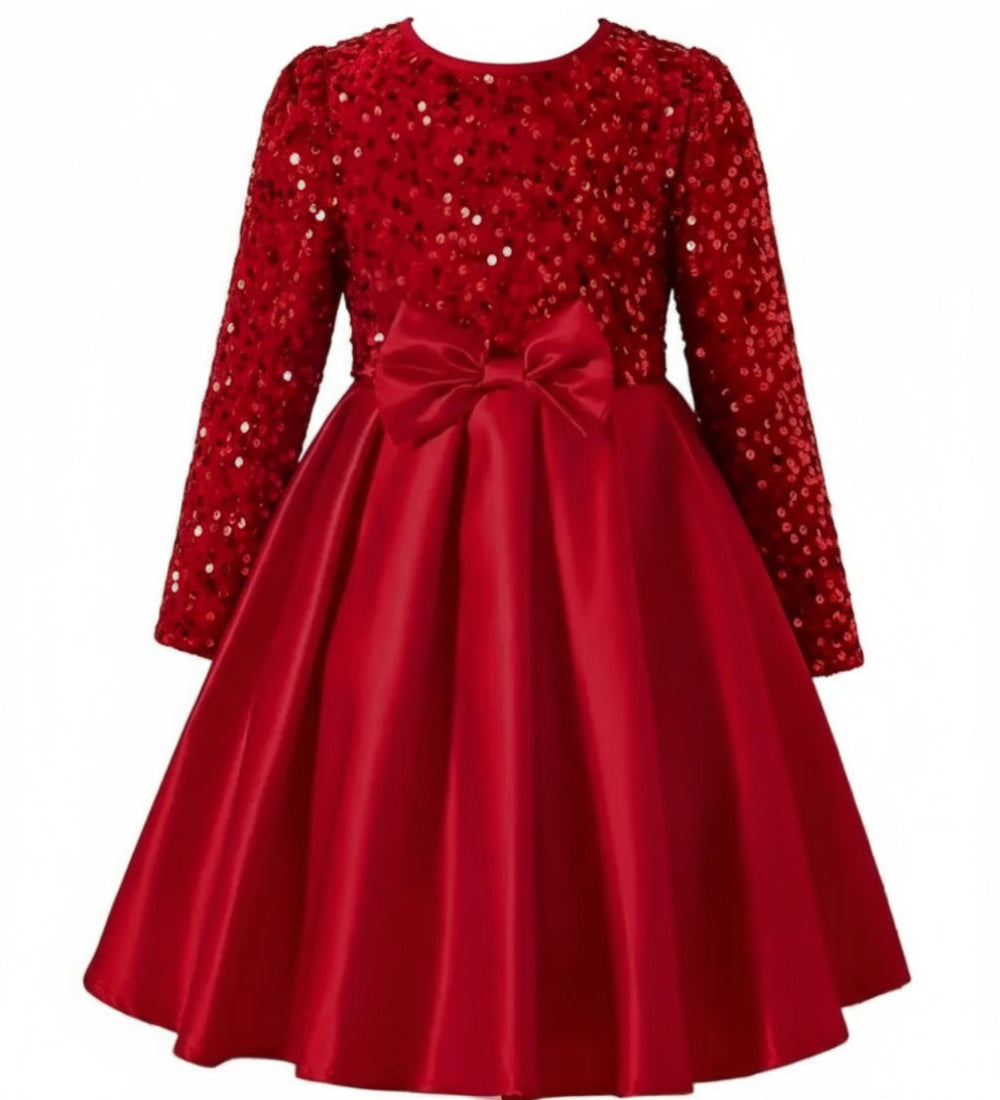Kerstjurk rood bovenlijf met pailletten en wijde rok.