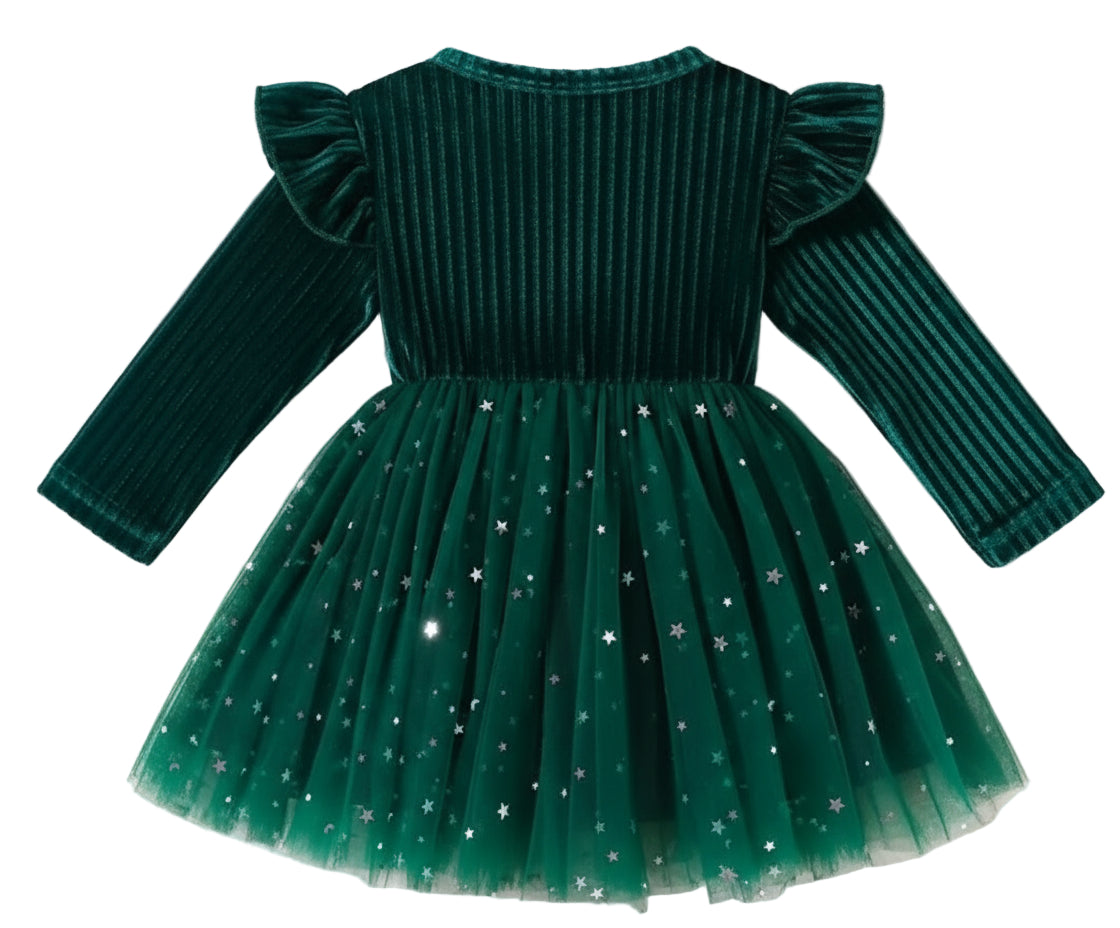 kerstjurk groen bovenlijf met tule rok met zilveren spikkels.Ook in rood leverbaar