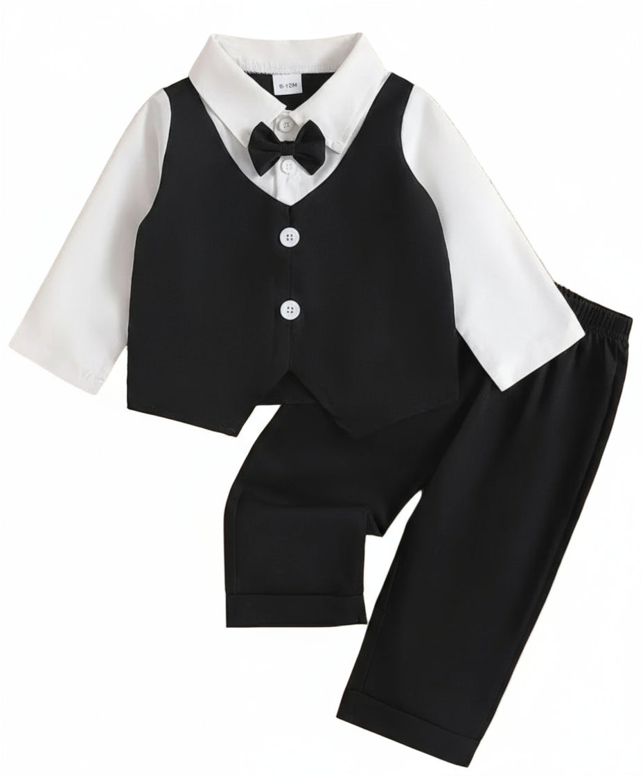 Feestkleding: Kerstset voor jongens. Bestaand uit wit overhemd, Zwart gilet, pantalon en strik.
