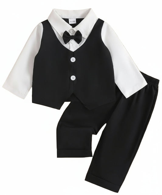 Feestkleding: Kerstset voor jongens. Bestaand uit wit overhemd, Zwart gilet, pantalon en strik.