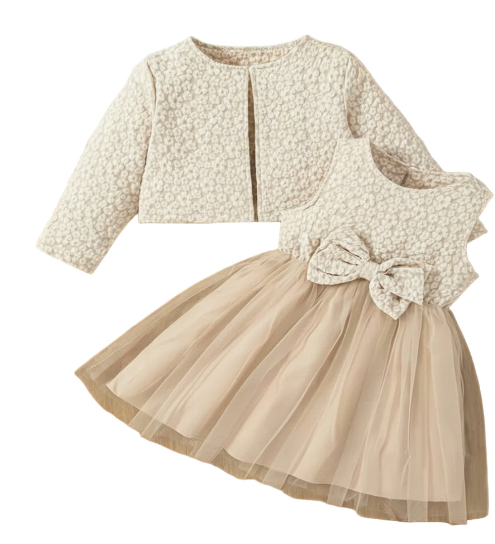 Kerst feest jurkje met bovenzijde met jacquard patroon en bijpassend jasje en tule rok