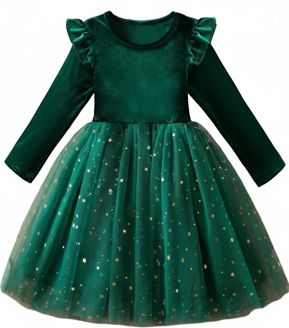 Kerstjurk velours groen met tule rok.