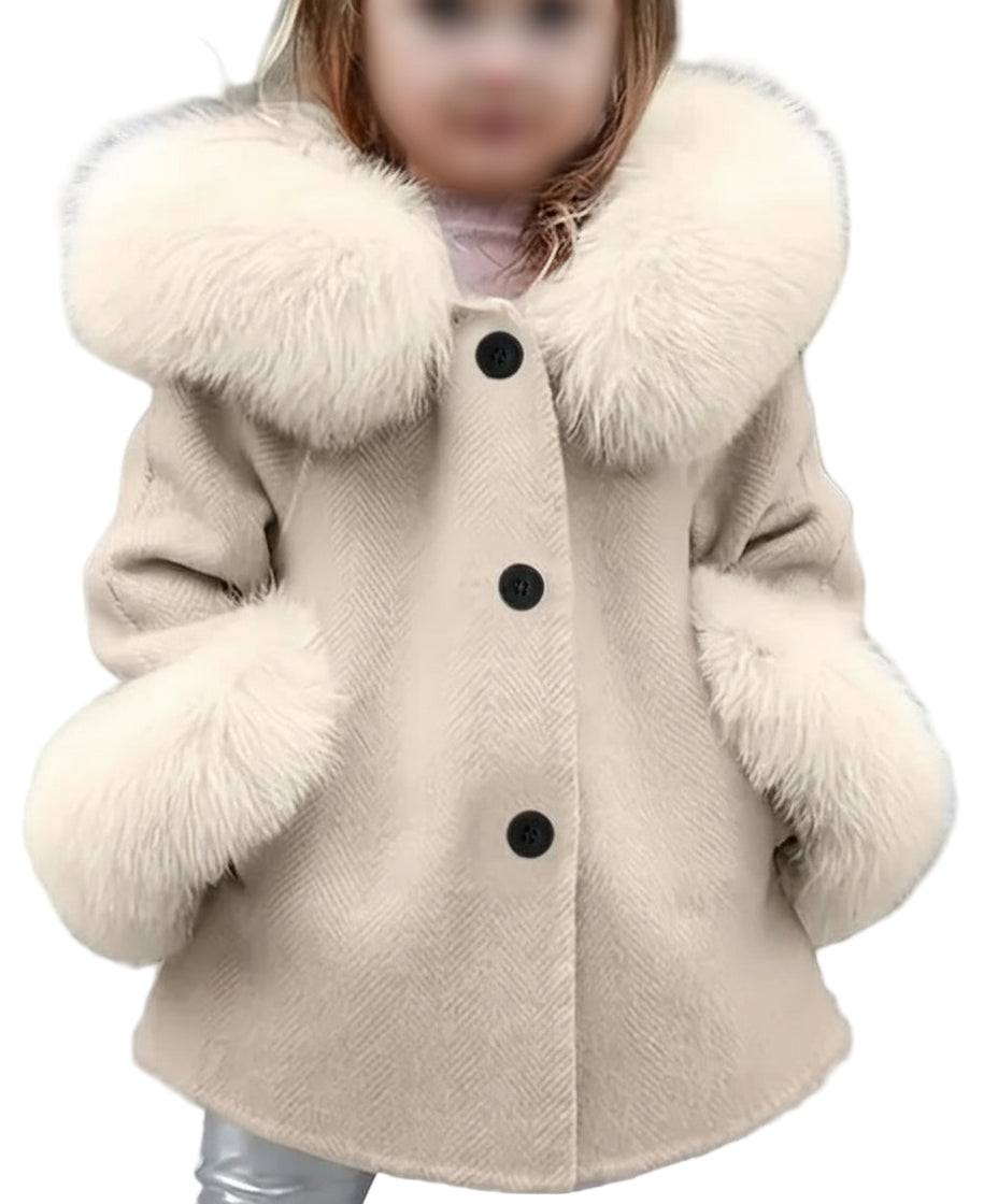 Jasje creme met capuchon met bontrand en bont langs de mouwen