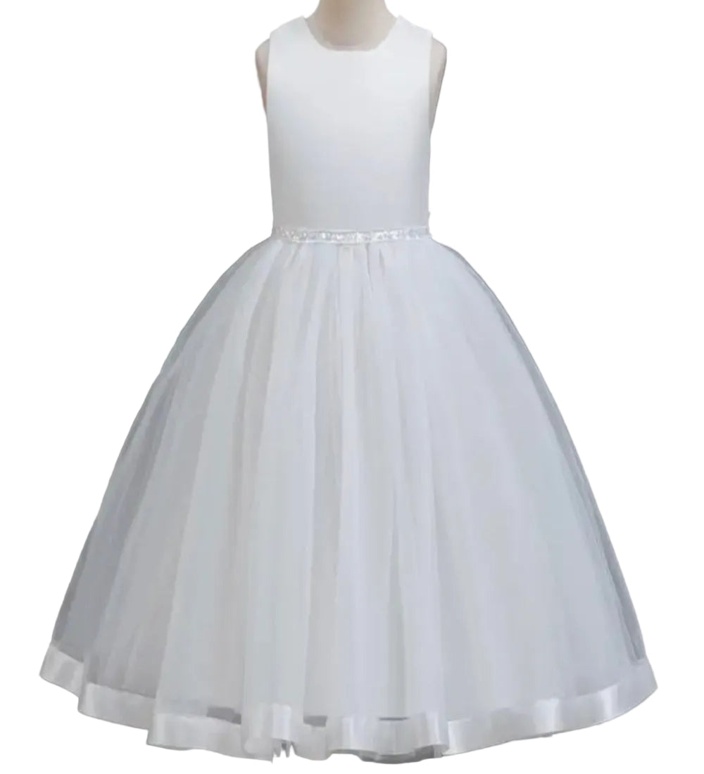 Avondjurk. Mouwloos met wijde tule rok. Hierin is je kindje een prinsesje! Met mooie pareltjes en een wijde rok.