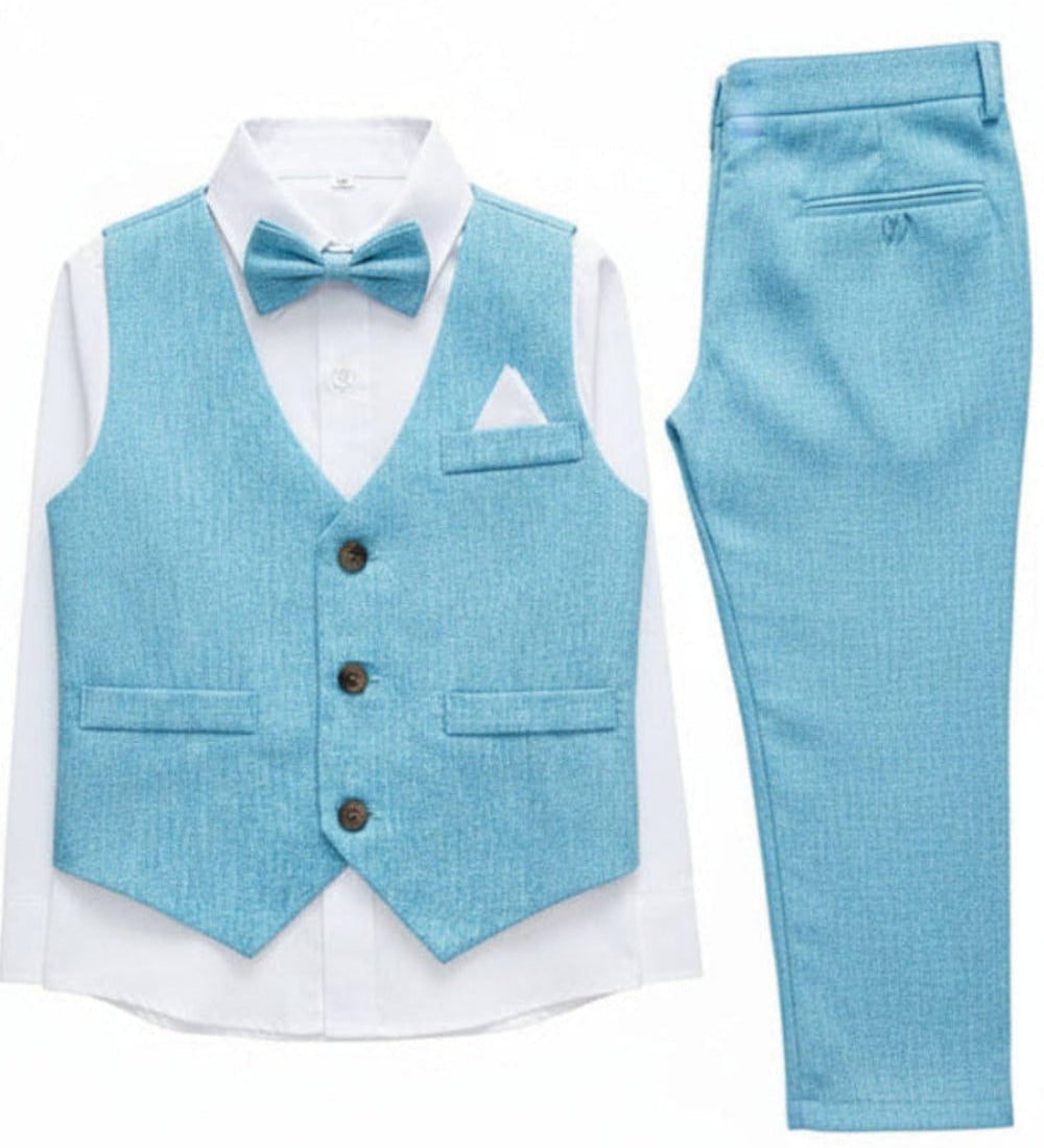 Kerstpak: turkoois gilet met pantalon en strik met witte overhemd