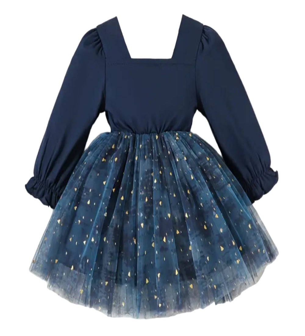 Feestjurk marineblauw met tule rok met gouden spikkels