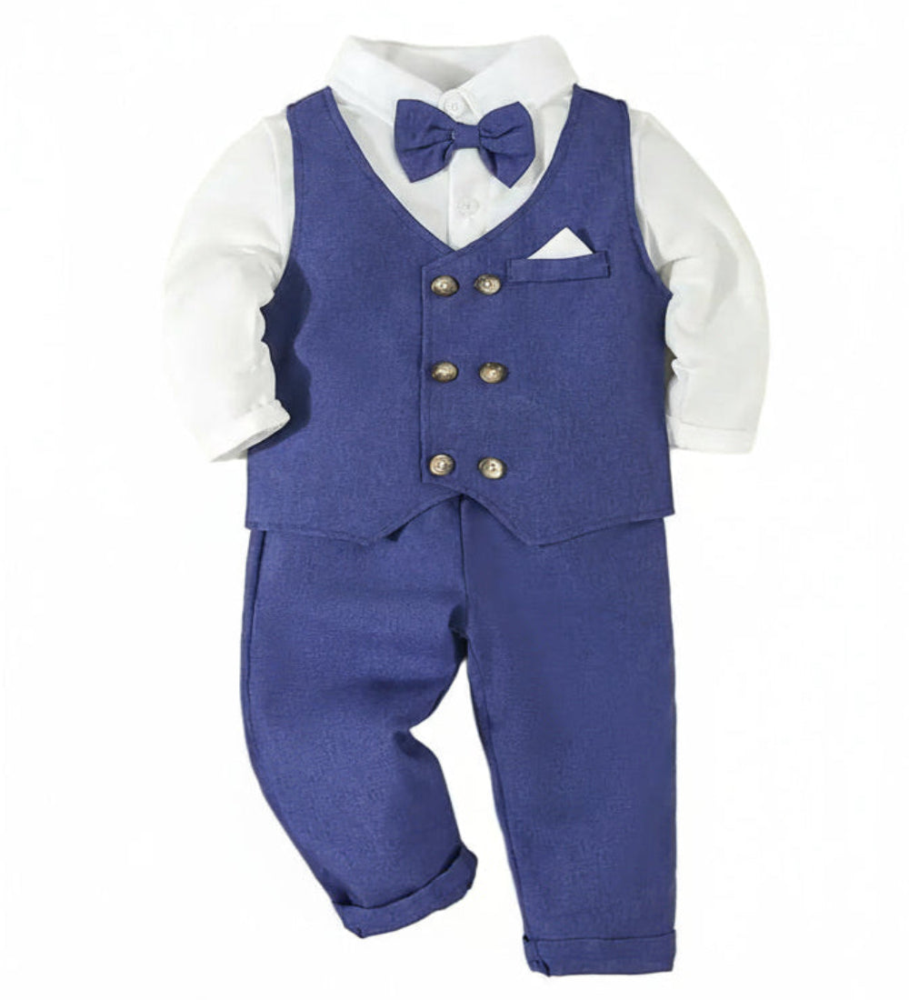 Kerstpak: kaki ,beige  of marineblauw gilet met pantalon en strik met overhemd