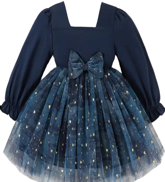 Feestjurk marineblauw met tule rok met gouden spikkels