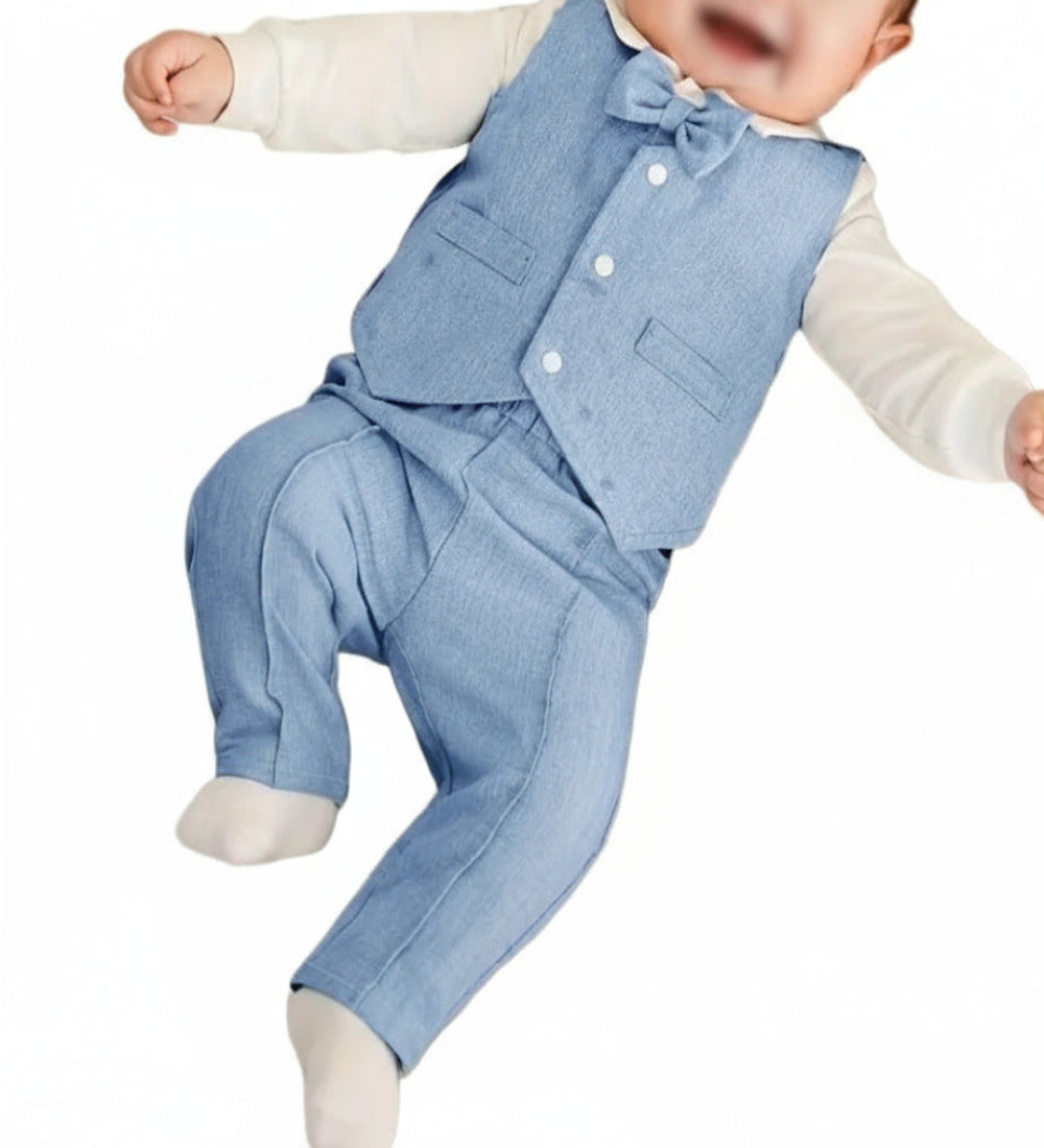 Kerstpak beige of lichtblauw: gilet,blouse en broek