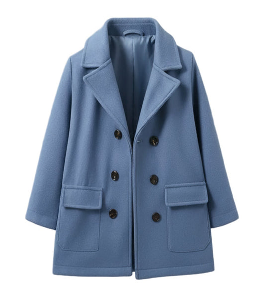 Jongensjas met grote voorzakken. Lang model in blauwgrijs.