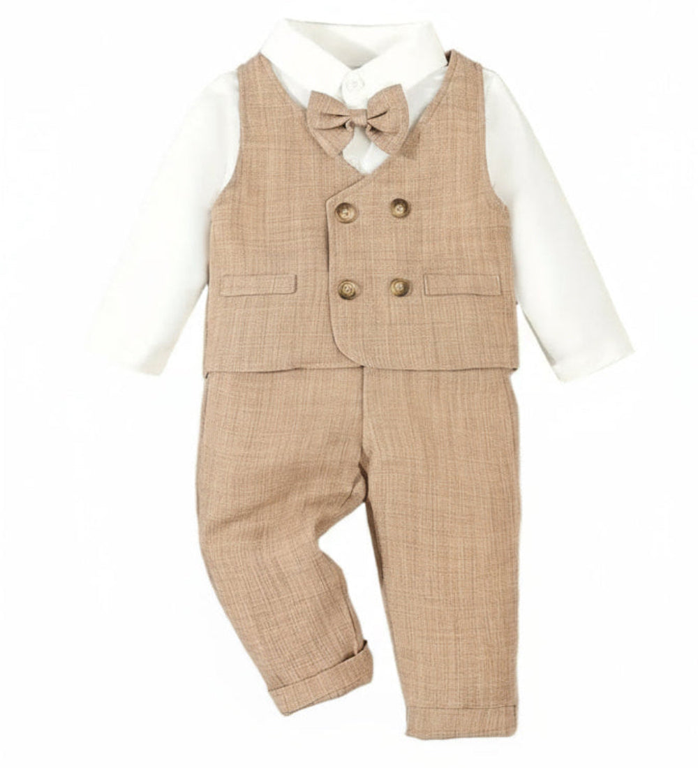 Kerstpak: kaki ,beige  of marineblauw gilet met pantalon en strik met overhemd