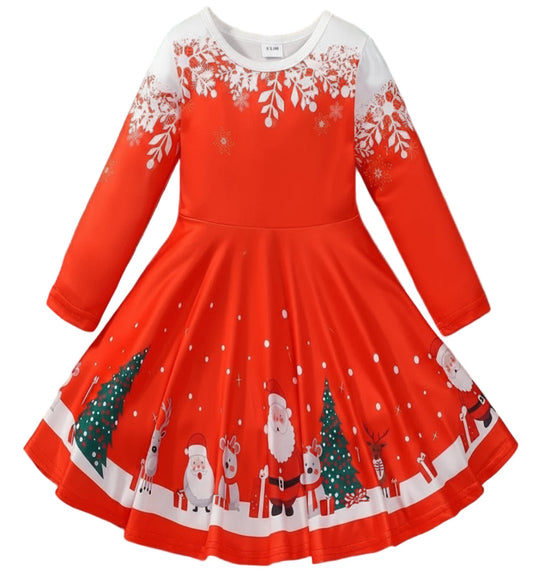 Kerstjurkje strak bovenlijf met klokkend rokje met kerstbomen en sneeuw