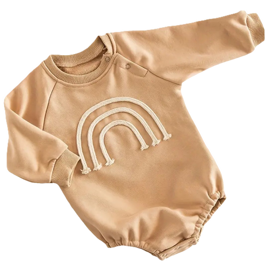 Katoenen romper beige regenboog met lange mouwen