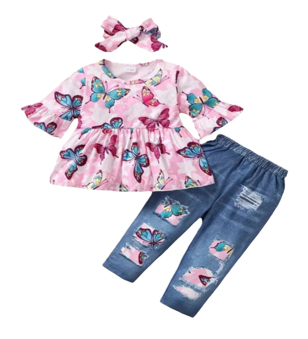 Shirt roze met vlinders en  legging in denimlook ( leuk met de gympjes met glitters)